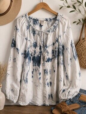 Vintage America Blues Tie-Dye Peasant Blouse Large